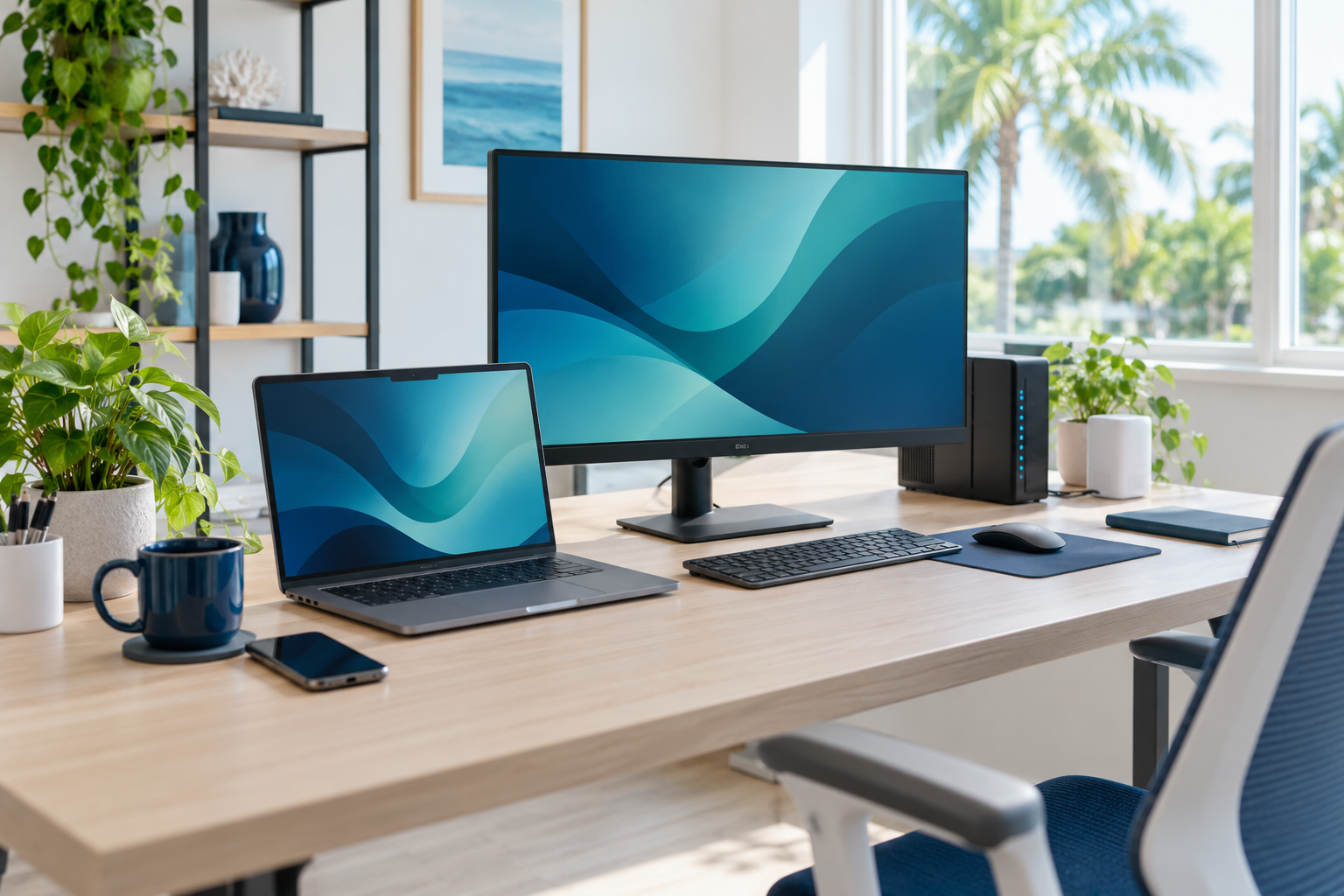 Modern workspace with computer, monitor and network equipment